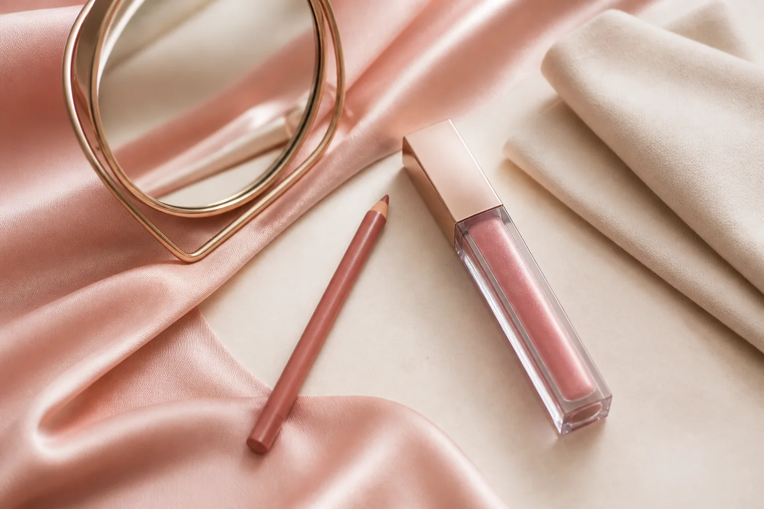 Lip liner and gloss arranged for a soft lip makeup routine