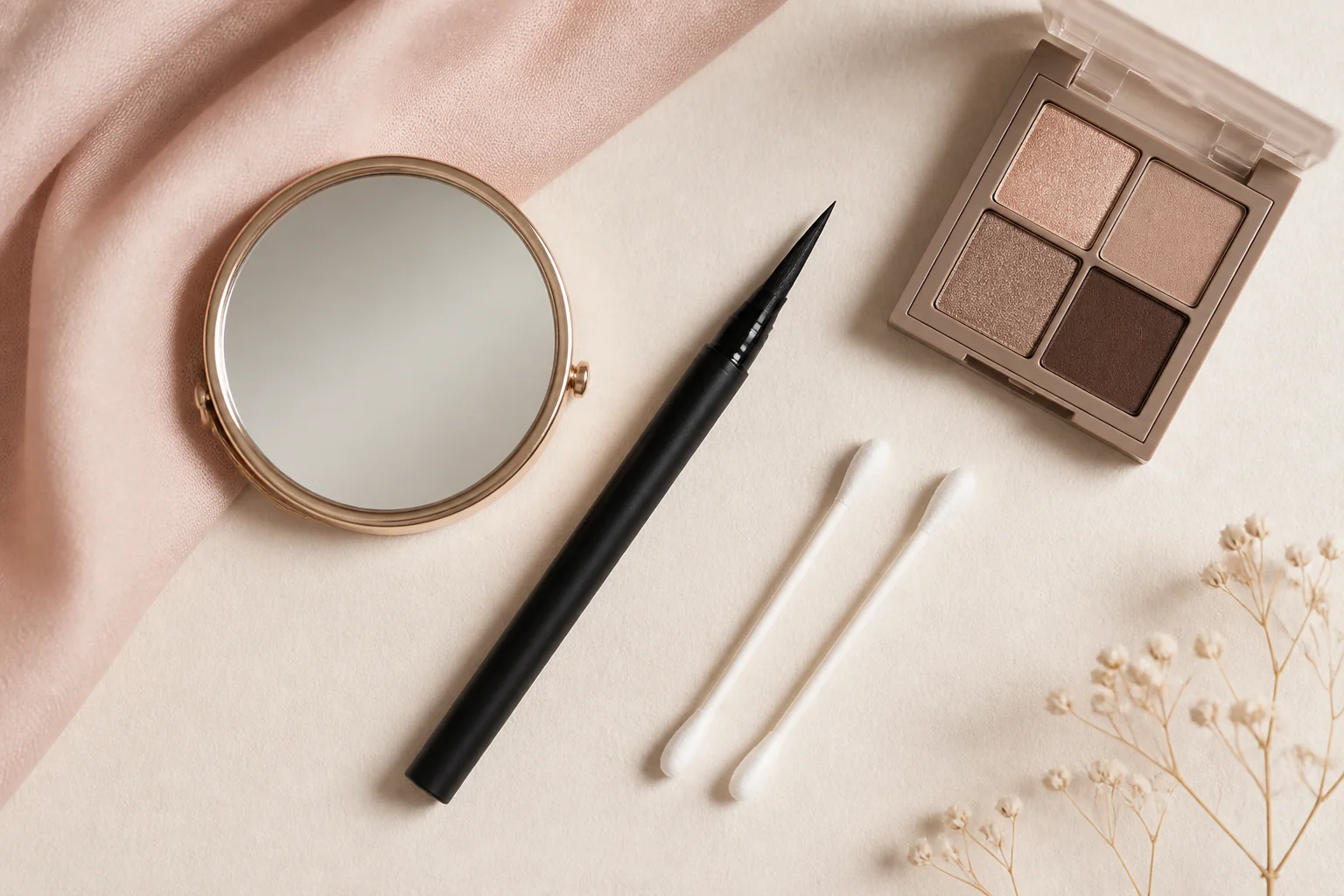 Liquid eyeliner pen and mirror ready for an eye makeup tutorial