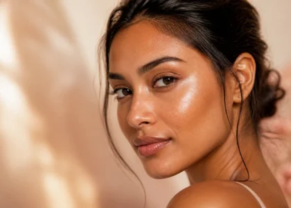 Natural powder highlighter glow on the cheekbones
