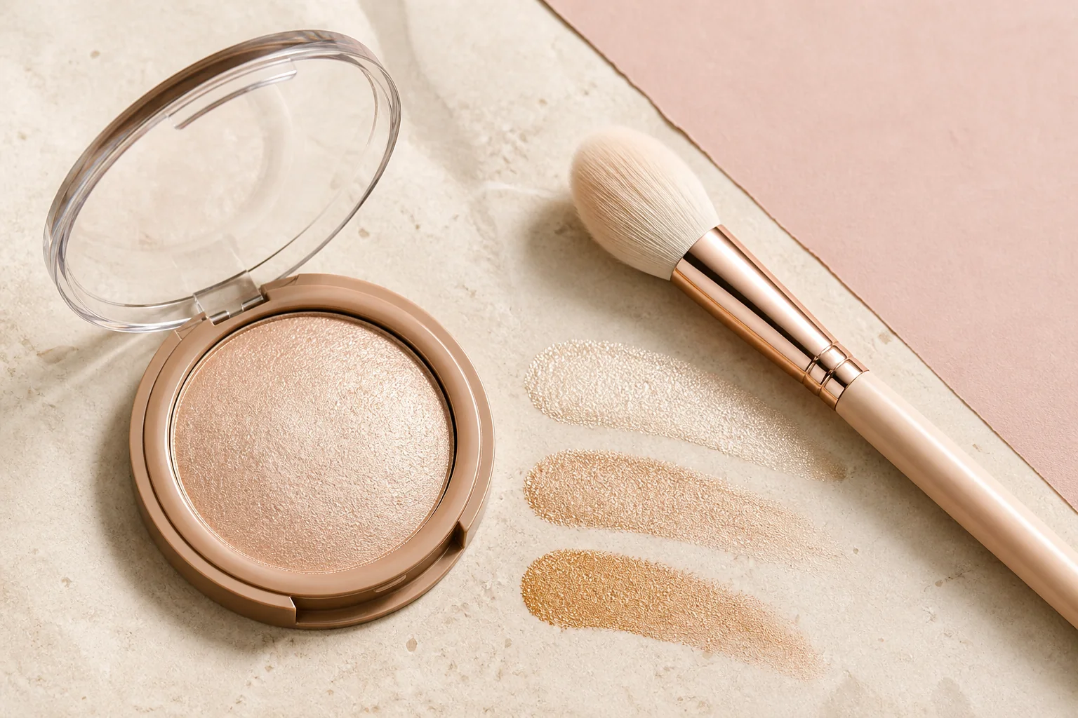 Champagne powder highlighter compact and soft makeup brush